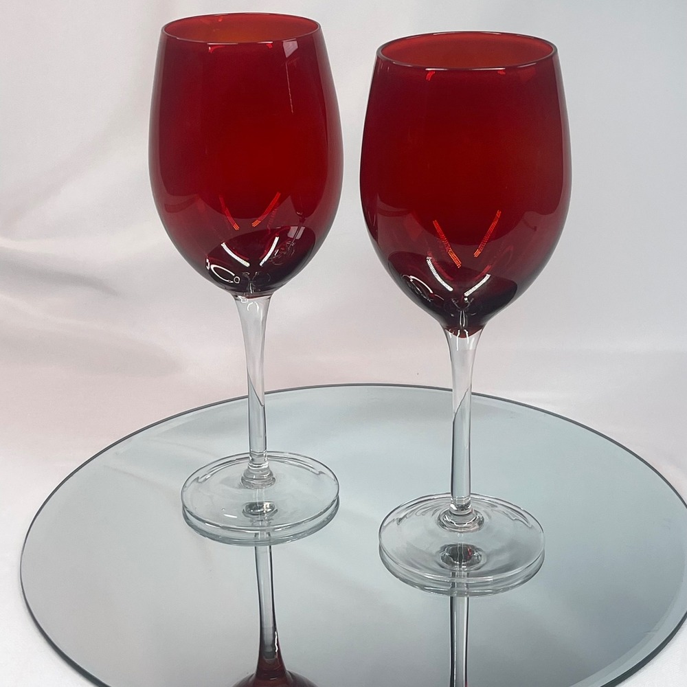 Vintage Ruby Red Wine Glasses Clear Stem Set of 2 Mid Century Modern 9.25"